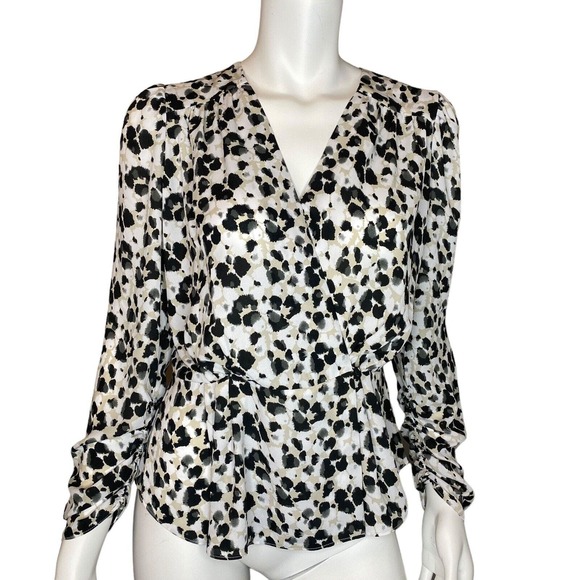 CABI Blouse Peplum‎ 5898 Rosette Leopard Animal Print Ruched Sleeve Wrap Size S - Picture 1 of 7